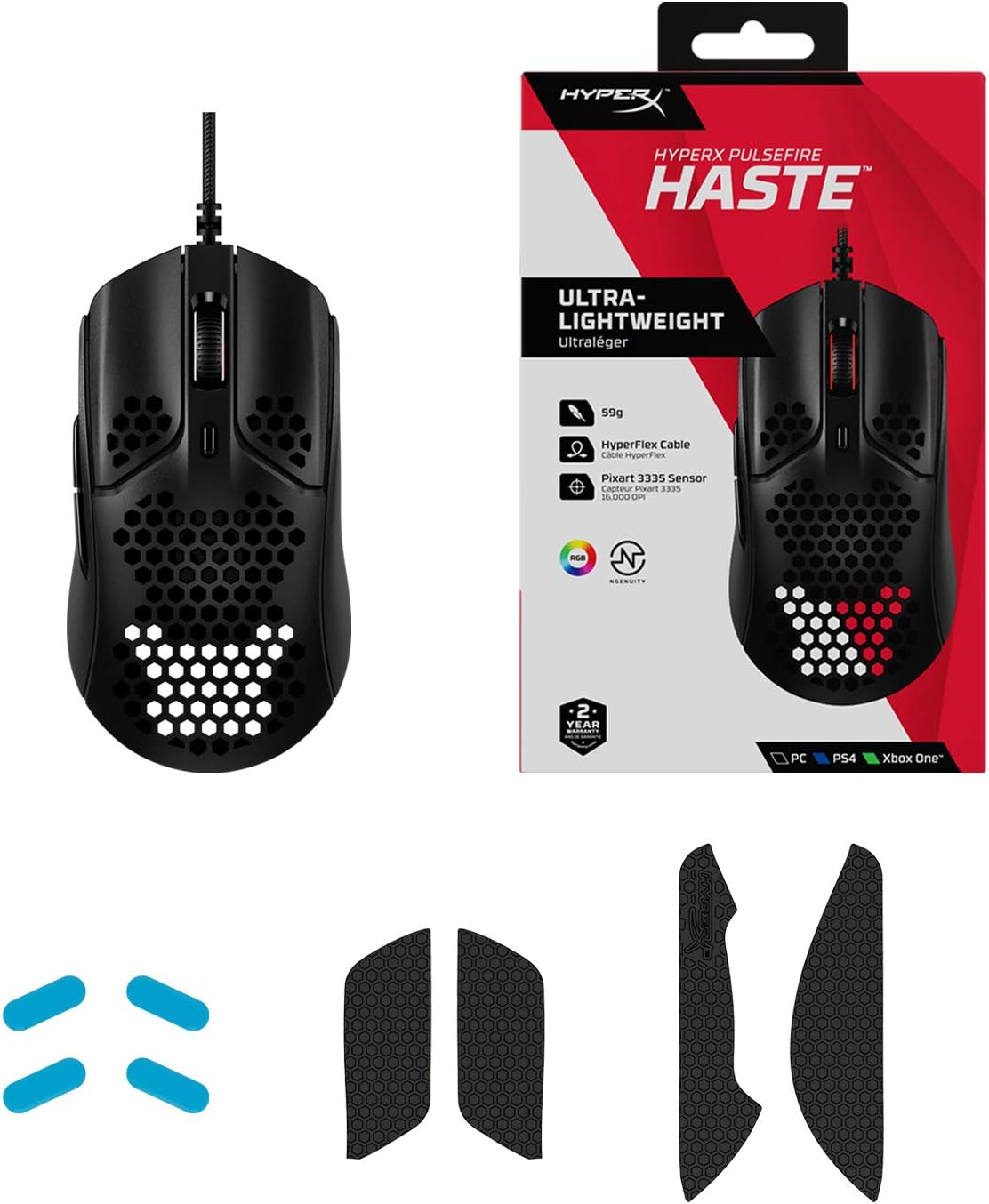 HyperX Pulsefire Haste – Gaming Mouse – Ultra-Lightweight, 59g, Honeycomb Shell, Hex Design, HyperFlex Cable, Up to 16000 DPI, 6 Programmable Buttons, Black