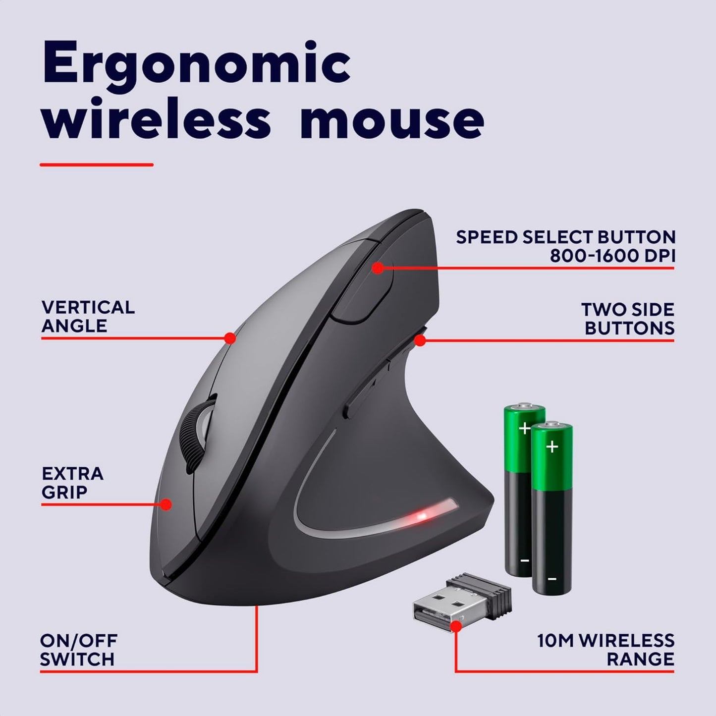 Trust Verto Wireless Ergonomic Mouse, Vertical Mouse with Storable USB Micro-receiver, 800-1600 DPI, 6 Buttons, Illuminated Mouse for Right Hand Users for PC, Laptop, Mac, Batteries Included - Black