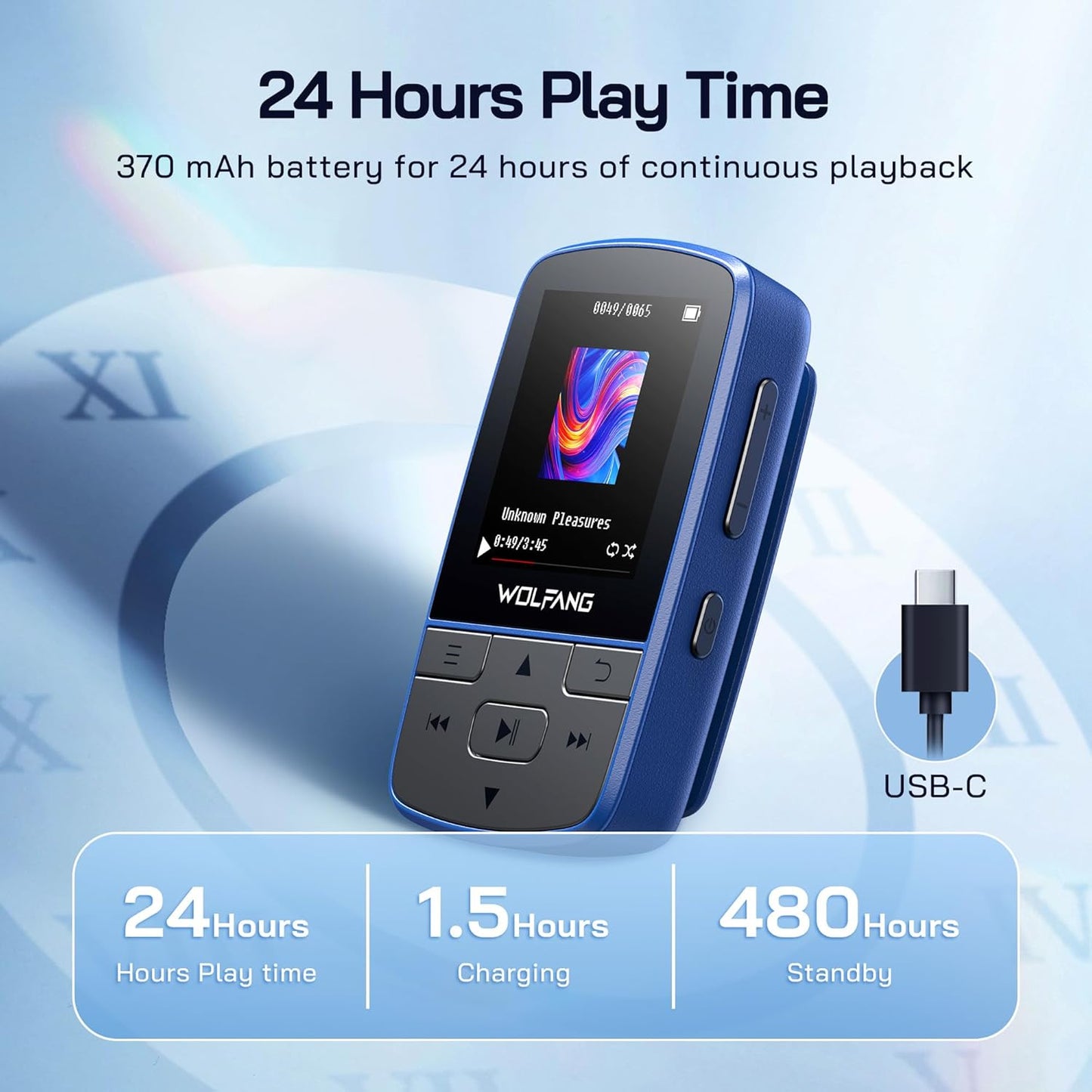 WOLFANG 64GB MP3 Players with Bluetooth 5.3, Sports Clip, Mini Size, Weigh 1 oz, HiFi FM Radio, Voice Recorder, Earphones included