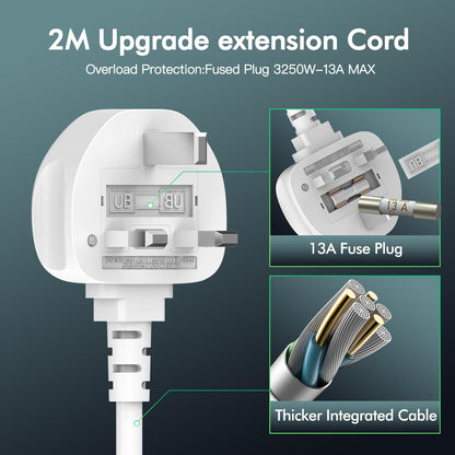 AUNNO Extension Lead with USB Slots, 8 Way Sockets Outlets with 2 USB-A Ports and 1 USB-C Ports, 1.8M Extension Cable with Switch Surge Protected Power Strips, UK Multi Plug Adapter Electrical Cords