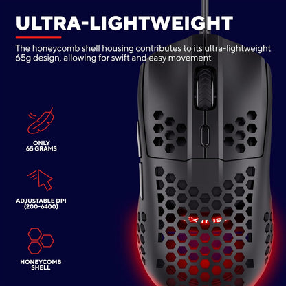 Trust Gaming GXT 928 Helox Gaming Mouse Ultralight 65g, Adjustable DPI 200-6400 Optical Sensor, 6 Programmable Buttons, RGB Lighting, Wired Gaming Mouse USB PC Laptop, Black