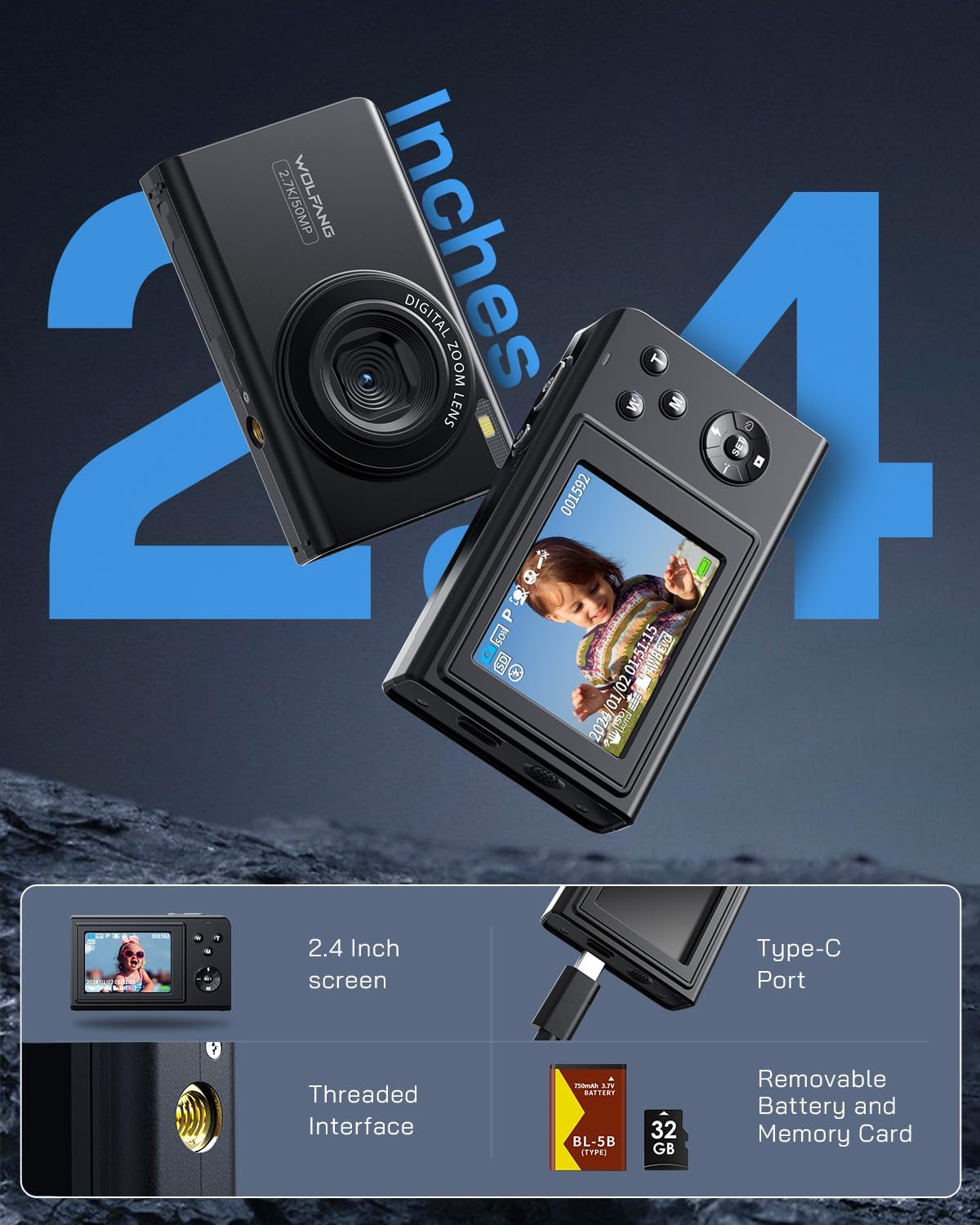 WOLFANG Digital Camera, 2.7K Kids Camera for Photography, 50MP Compact Vlogging Camera, 16X Digital Zoom Video Camera