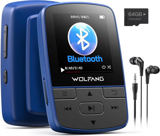 WOLFANG 64GB MP3 Players with Bluetooth 5.3, Sports Clip, Mini Size, Weigh 1 oz, HiFi FM Radio, Voice Recorder, Earphones included