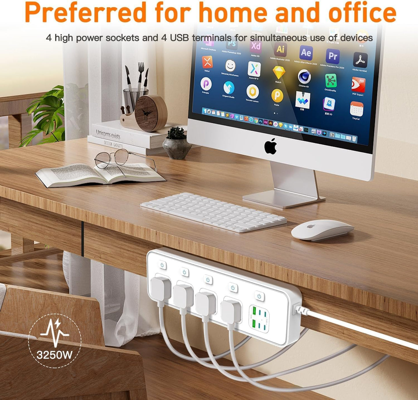 AUNNO Extension Lead with USB Slots, 4 Way Sockets Outlets with 4 USB-C Ports and 2 USB Ports, 1.8M Extension Cable with Switch Surge Protected Power Strips, UK Multi Plug Adapter Electrical Cords