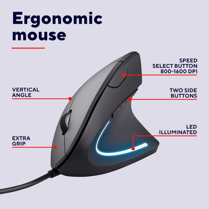 Trust Verto Wired Ergonomic Mouse, Vertical Mouse with LED Illumination, 1000-1600 DPI, 6 Buttons, for Right Hand Users, Computer Mouse for PC and Laptop - Black