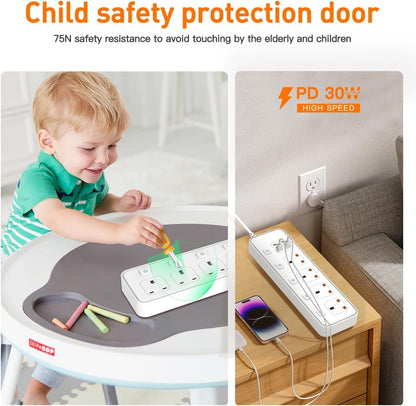 AUNNO Extension Lead with USB Slots, 4 Way Sockets Outlets with 4 USB-C Ports and 2 USB Ports, 1.8M Extension Cable with Switch Surge Protected Power Strips, UK Multi Plug Adapter Electrical Cords