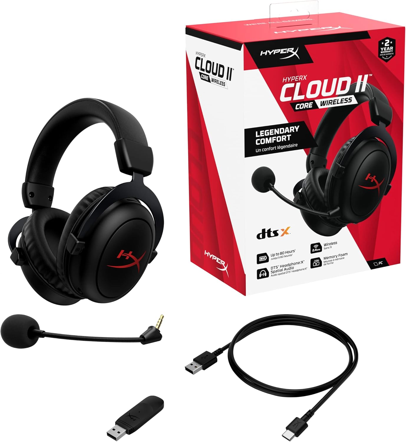 HyperX Cloud II Core Wireless - Gaming headset for PC, DTS Headphone:X spatial audio, memory foam ear pads, Black