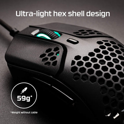 HyperX Pulsefire Haste – Gaming Mouse – Ultra-Lightweight, 59g, Honeycomb Shell, Hex Design, HyperFlex Cable, Up to 16000 DPI, 6 Programmable Buttons, Black