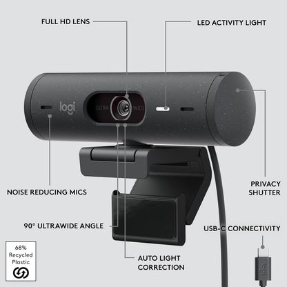 Logitech Brio 500 Full HD Webcam with Auto Light Correction, show Mode, Dual Noise Reduction Mics, Webcam Privacy Cover, Works with Microsoft Teams, Google Meet, Zoom, USB-C Cable, Streaming -Graphite