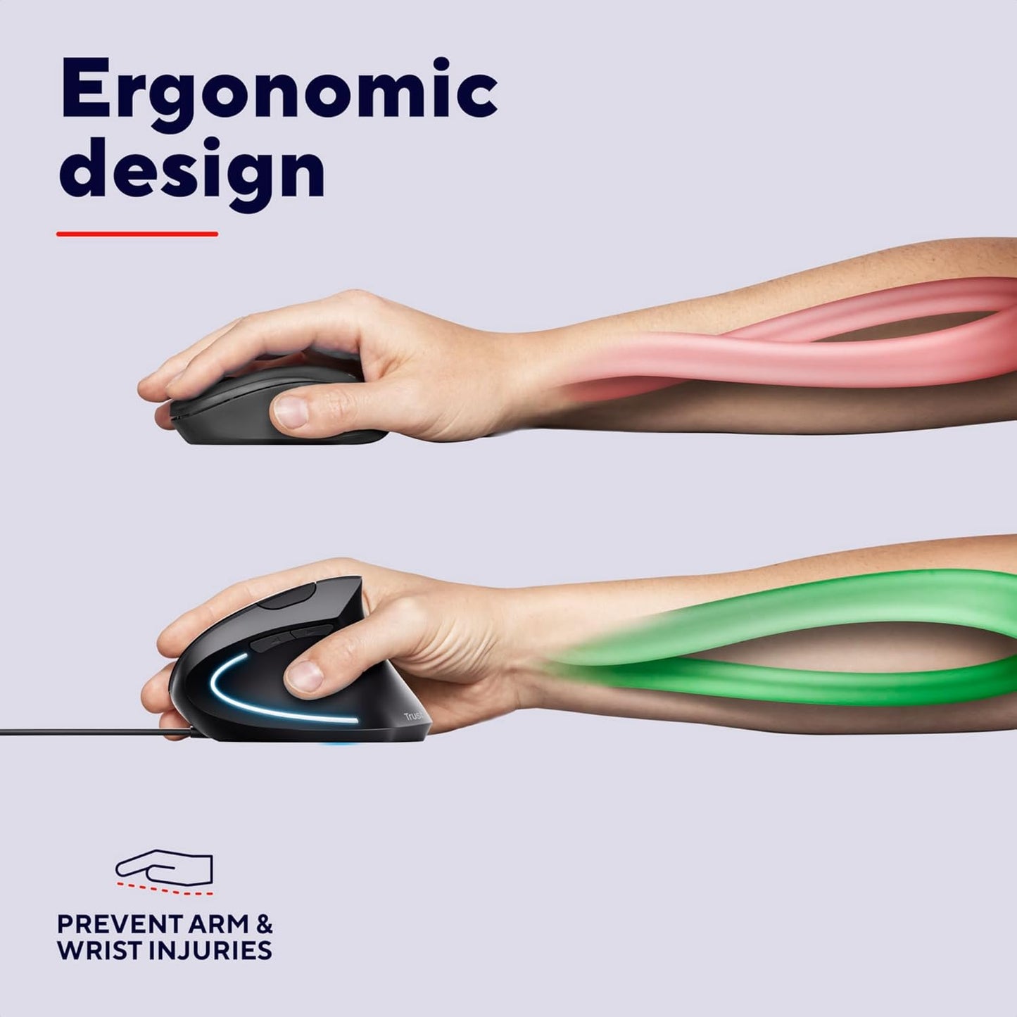 Trust Verto Wired Ergonomic Mouse, Vertical Mouse with LED Illumination, 1000-1600 DPI, 6 Buttons, for Right Hand Users, Computer Mouse for PC and Laptop - Black