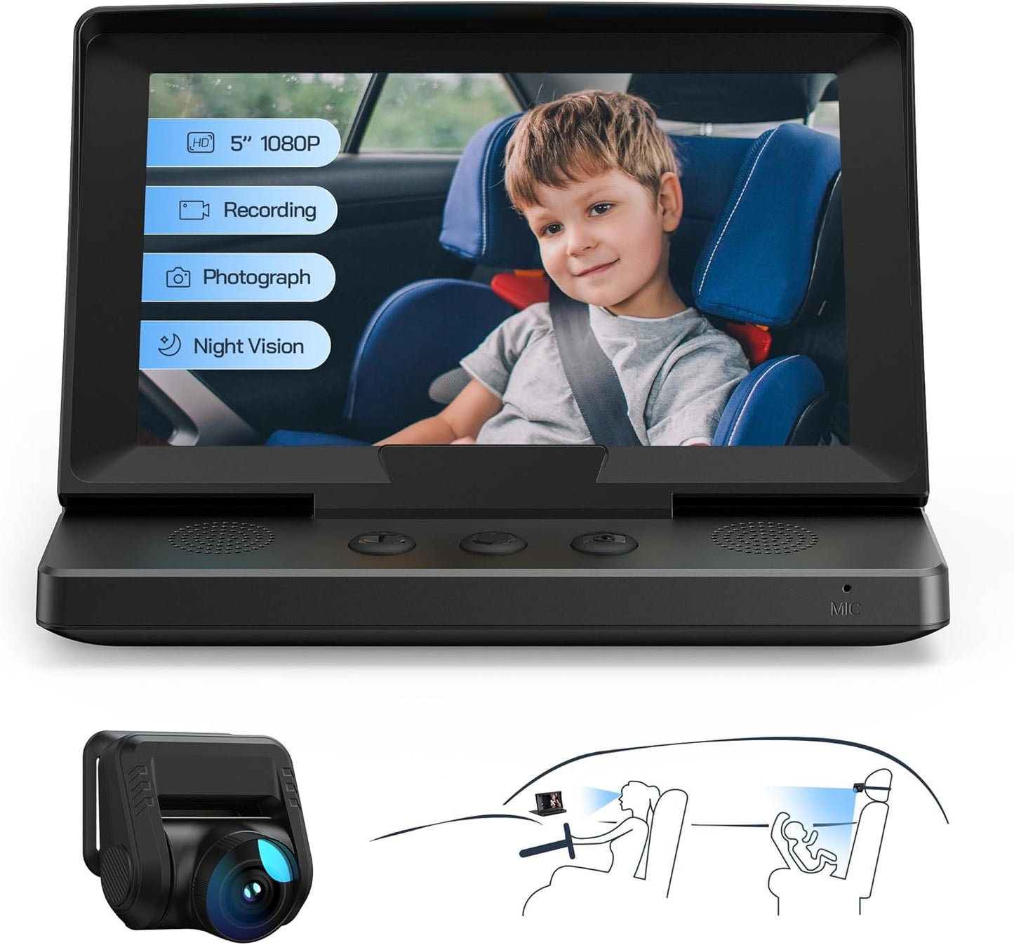 WOLFANG 1080P Baby Car Camera, USB-C Plug and Play Easy Setup, 5” Screen Car Baby Monitor with Night Vision Camera