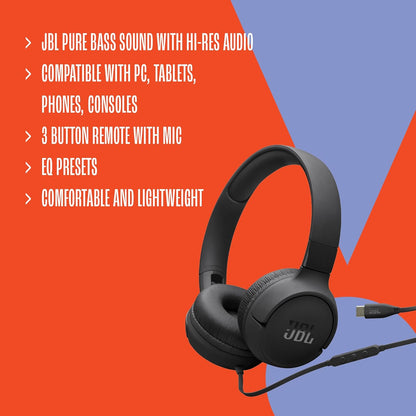 JBL Tune 520 C Comfort Fit Wired On Ear Headphones with Microphone, JBL Pure Bass Sound, EQ Presets, USB-C Connectivity, Foldable Design and Tangle-Free Cable, Purple
