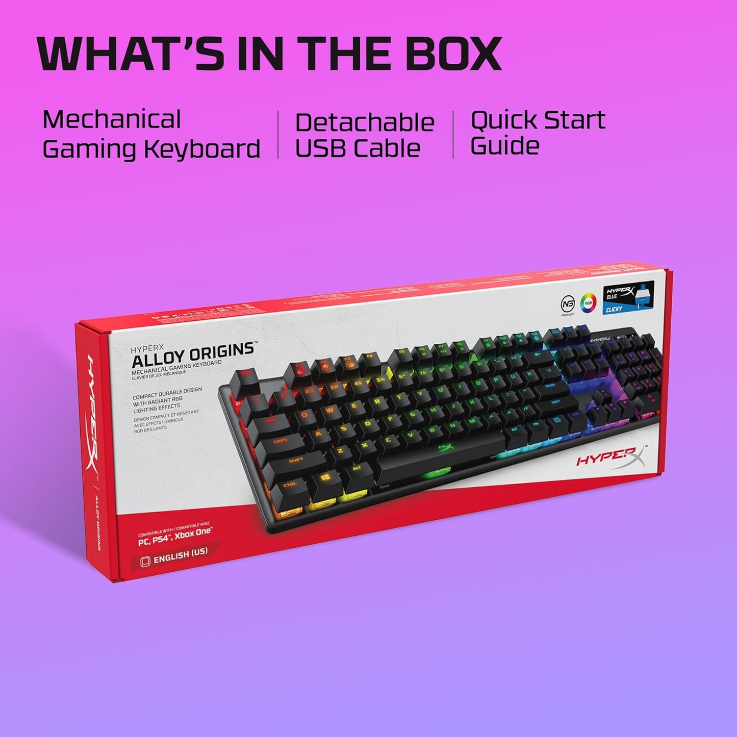 HyperX Alloy Origins Gaming Keyboard Mechanical with HyperX Blue Switches (Clicky) RGB Lighting Compact Aluminum Housing Detachable USB-C Cable QWERTY US Layout for PC PS5 Xbox Black