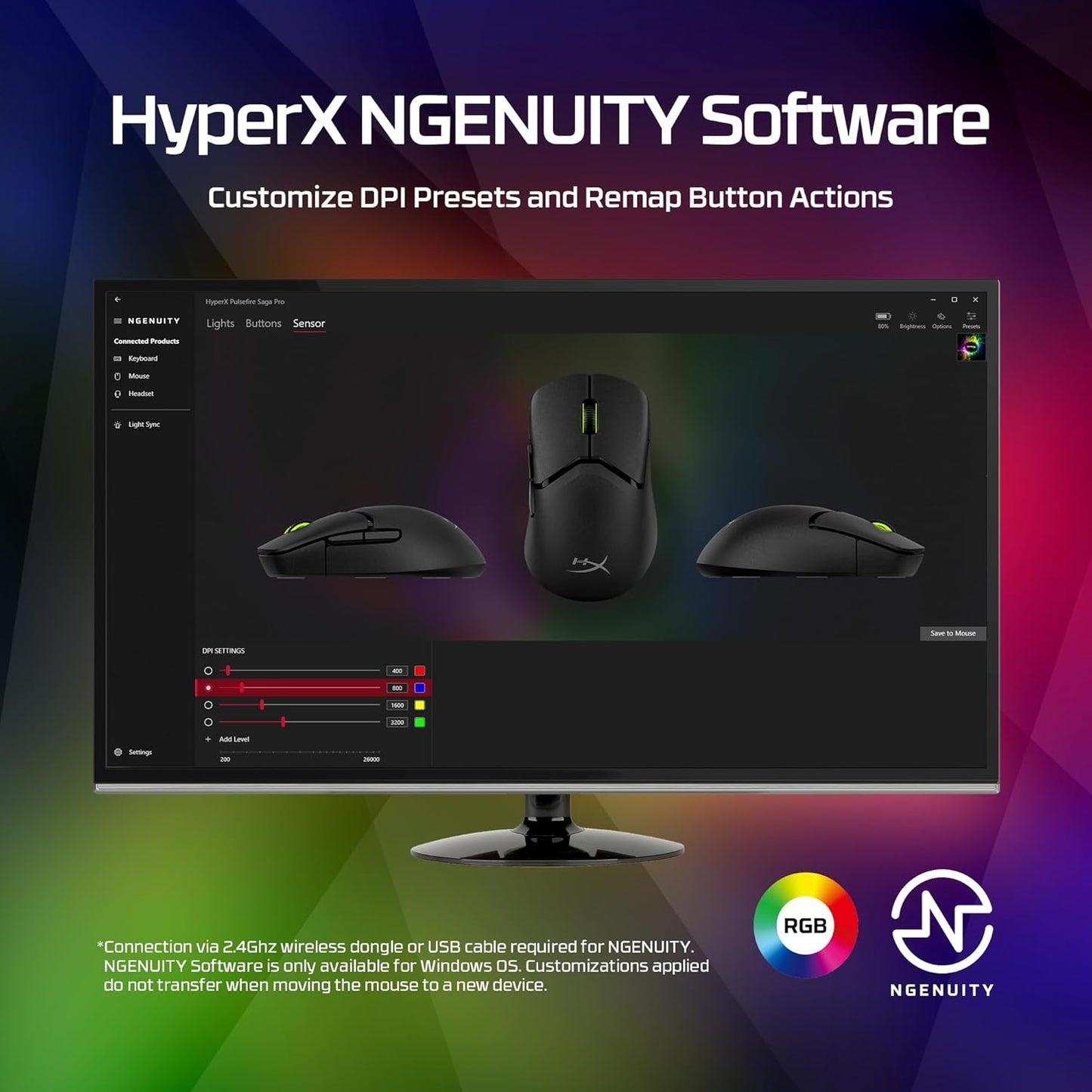 HyperX Pulsefire Saga Pro Wireless Gaming Mouse - 4K Wireless Polling, 2.4GHz and Bluetooth, Modular Design with 16 Adjustments, 90h Battery Life, 72g Ultralight, NGENUITY Software, NVIDIA Reflex