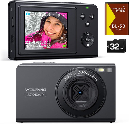 WOLFANG Digital Camera, 2.7K Kids Camera for Photography, 50MP Compact Vlogging Camera, 16X Digital Zoom Video Camera
