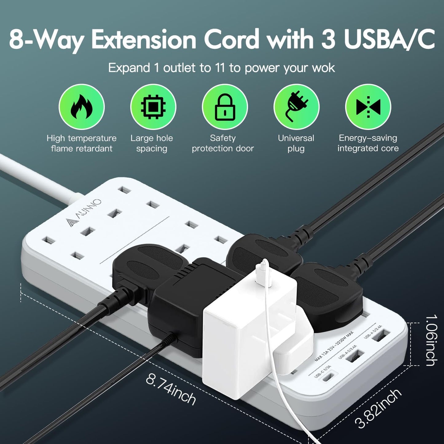 AUNNO Extension Lead with USB Slots, 8 Way Sockets Outlets with 2 USB-A Ports and 1 USB-C Ports, 1.8M Extension Cable with Switch Surge Protected Power Strips, UK Multi Plug Adapter Electrical Cords