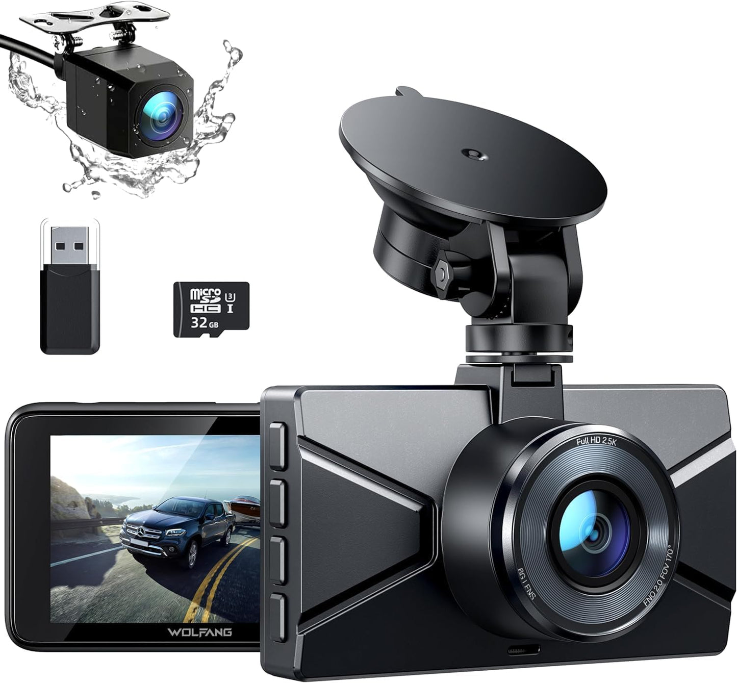 WOLFANG Dash Cam Car Front Rear 2.5K+1080P Car Camera, Ultra Night Vision, 170° Wide Angle, WDR 24 Hours Parking Mode, G-Sensor, Loop Recording, Indoor with 32GB SD Card
