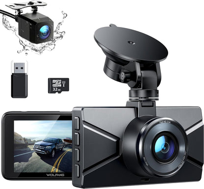 WOLFANG Dash Cam Car Front Rear 2.5K+1080P Car Camera, Ultra Night Vision, 170° Wide Angle, WDR 24 Hours Parking Mode, G-Sensor, Loop Recording, Indoor with 32GB SD Card