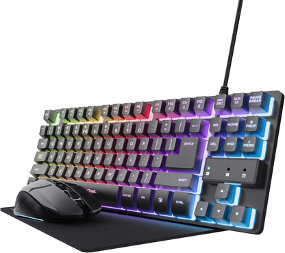 Trust GXT 1794 Gaming Keyboard Set QWERTZ DE Layout with Wireless Mouse and Mouse Mat, 3-in-1 LED Gaming Package, Rechargeable Wireless Mouse, 80 Hours Battery Life, Compact TKL USB Keyboard PC, Black
