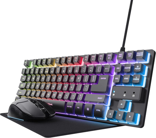Trust GXT 1794 Gaming Keyboard Set QWERTZ DE Layout with Wireless Mouse and Mouse Mat, 3-in-1 LED Gaming Package, Rechargeable Wireless Mouse, 80 Hours Battery Life, Compact TKL USB Keyboard PC, Black