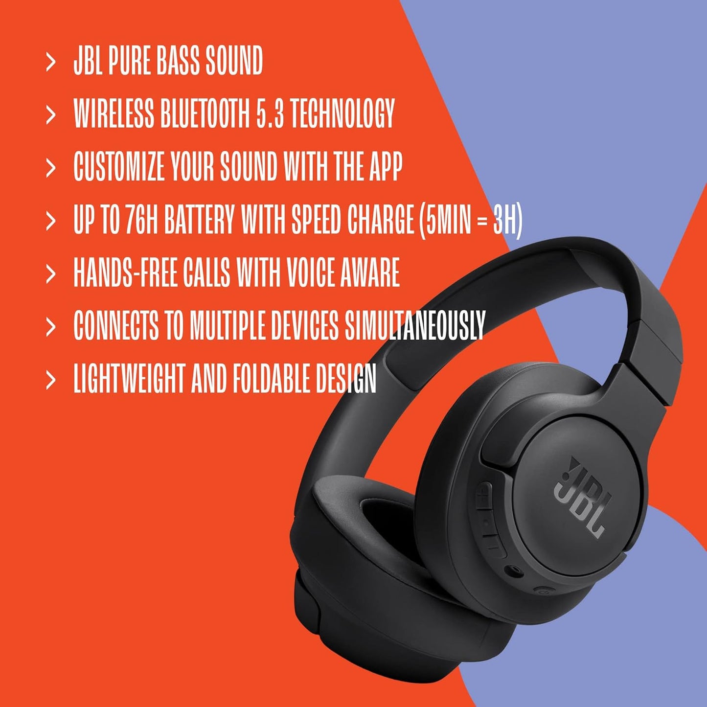 JBL Tune 720BT Wireless Over-Ear Headphones, with JBL Pure Bass Sound, Bluetooth 5.3, Hands-Free Calls, Audio Cable and 76-Hour Battery Life, in Black