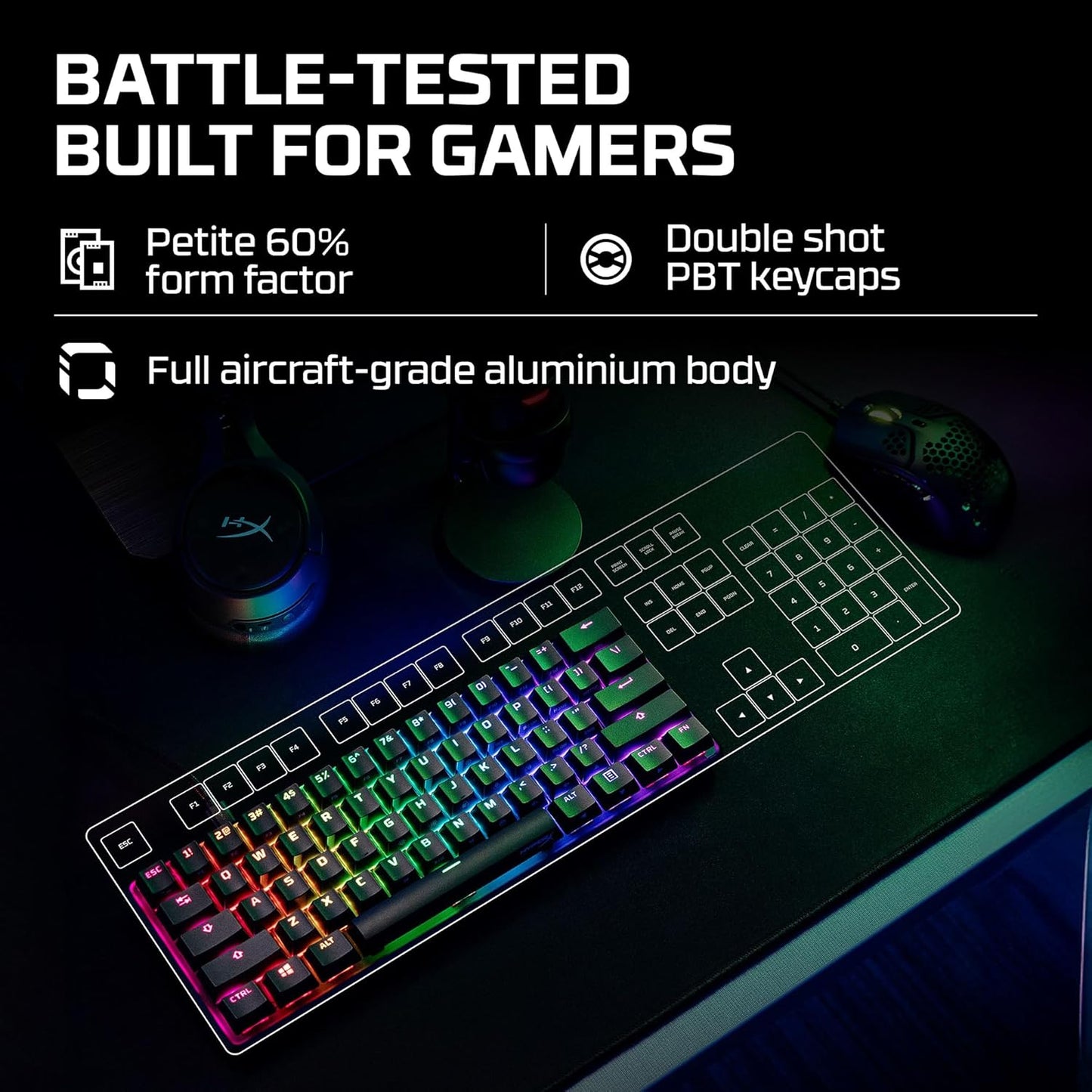 HyperX Alloy Origins 60 – Mechanical Gaming Keyboard - Ultra Compact 60% Form Factor – HyperX Aqua Switch (Tactile) - Double shot PBT keycaps - RGB LED Backlit -Side Printed Secondary Functions