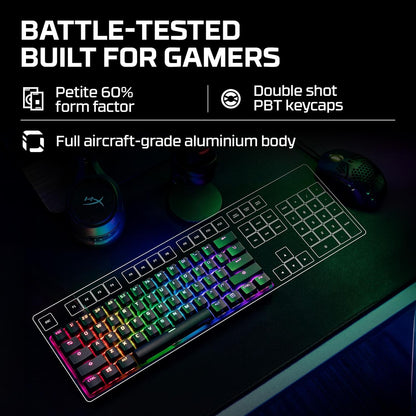 HyperX Alloy Origins 60 – Mechanical Gaming Keyboard - Ultra Compact 60% Form Factor – HyperX Aqua Switch (Tactile) - Double shot PBT keycaps - RGB LED Backlit -Side Printed Secondary Functions