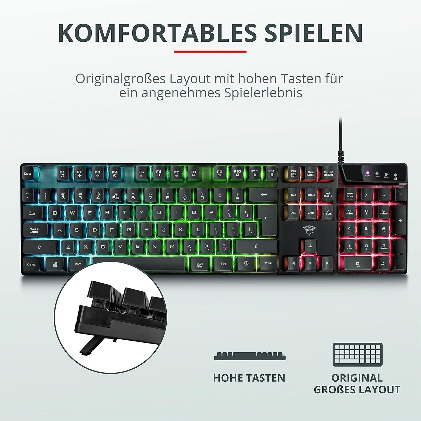 Trust Gaming GXT 835 Azor Gaming Keyboard with Lighting German QWERTZ Layout, Full-Size Keyboard Layout, 3 LED Colour Modes, Anti-Ghosting, 12 Multimedia Function Keys, PC/Laptop