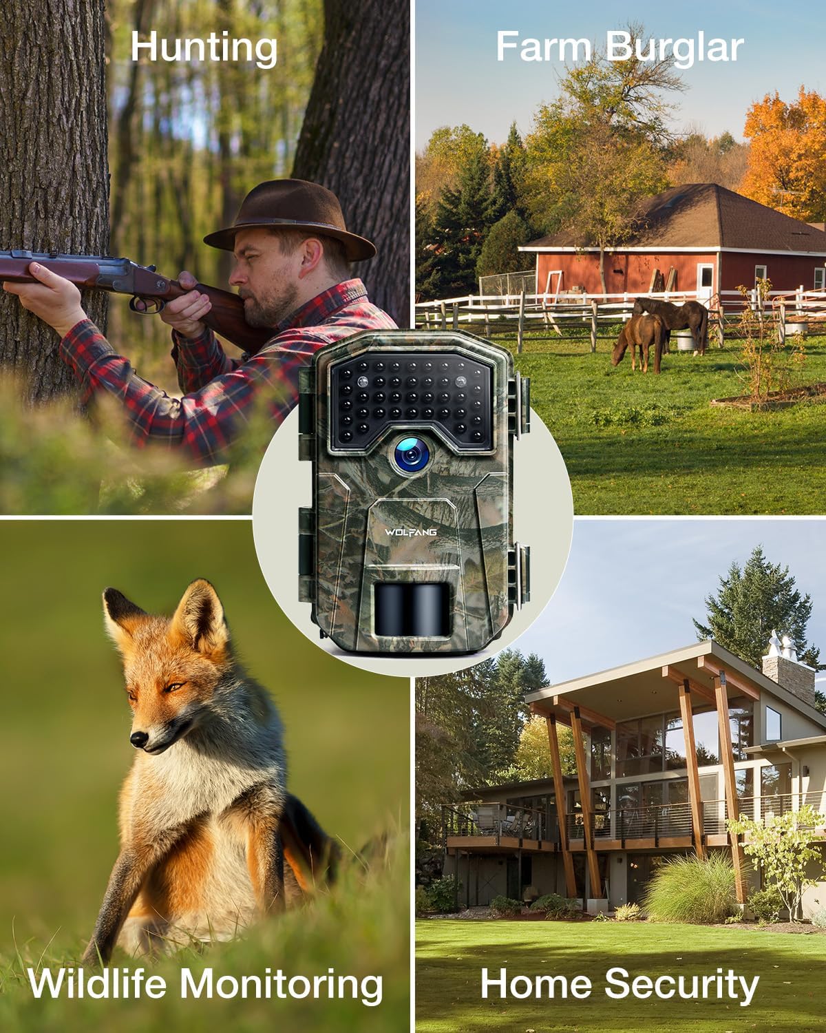 WOLFANG Wildlife Camera, 36MP 2K Trail Camera with 38pcs 940nm No Glow IR LEDs Night Vision Motion Activated Hunting Camera