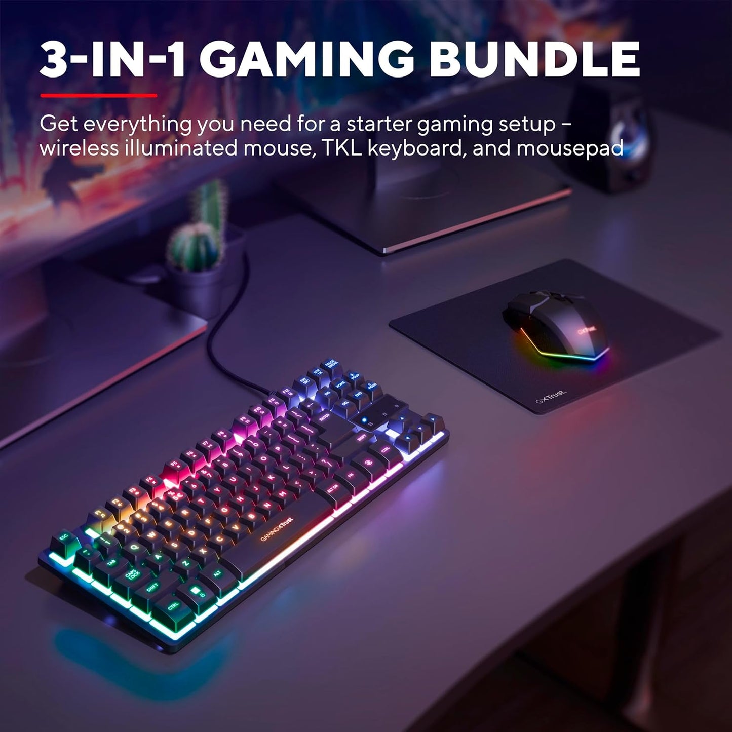 Trust GXT 1794 Gaming Keyboard Set QWERTZ DE Layout with Wireless Mouse and Mouse Mat, 3-in-1 LED Gaming Package, Rechargeable Wireless Mouse, 80 Hours Battery Life, Compact TKL USB Keyboard PC, Black