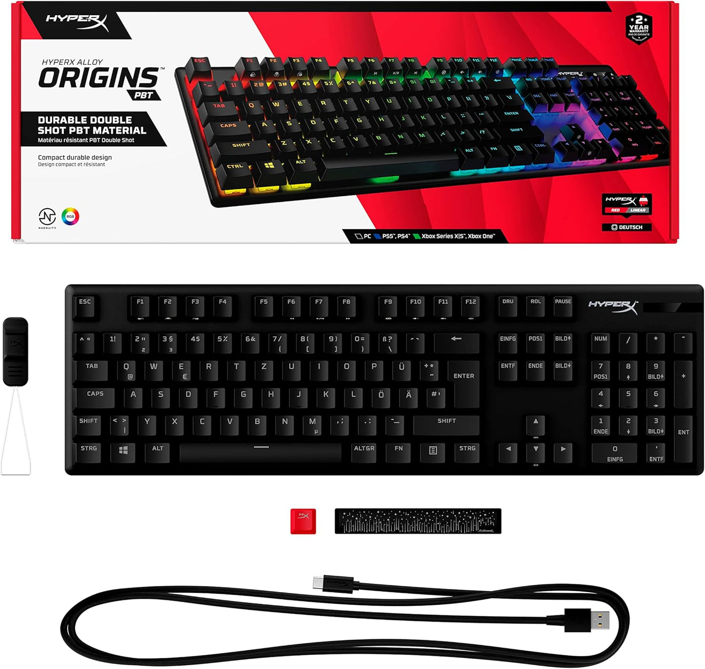 HyperX Alloy Origins PBT Mechanical Gaming Keyboard, PBT Keycaps, Keycaps, RGB, Mechanical Switches, Switches, Compact, Portable, Durable Aluminum Case, Adjustable Feet