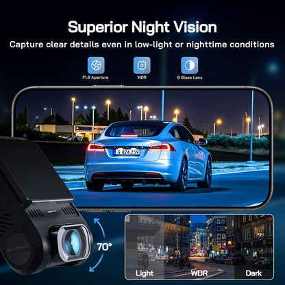 WOLFANG Dash Cam Front, 1440P Mini WiFi DashCam for Cars, 2’’ IPS Car Camera with SD Card, Dash Cam with Parking Monitor, Night Vision, WDR, 170° Wide Angle, G-Sensor, Loop Recording, APP Control