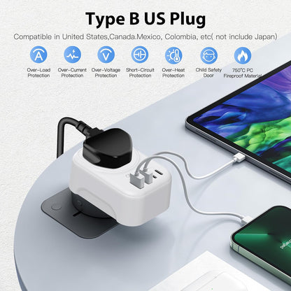 AUNNO UK to US Plug Adaptor, 20W Grounded USA Adapter with 2 USB Ports and 2 USB-C Ports, 5 in 1 Adapter for US Canada Mexico Thailand etc