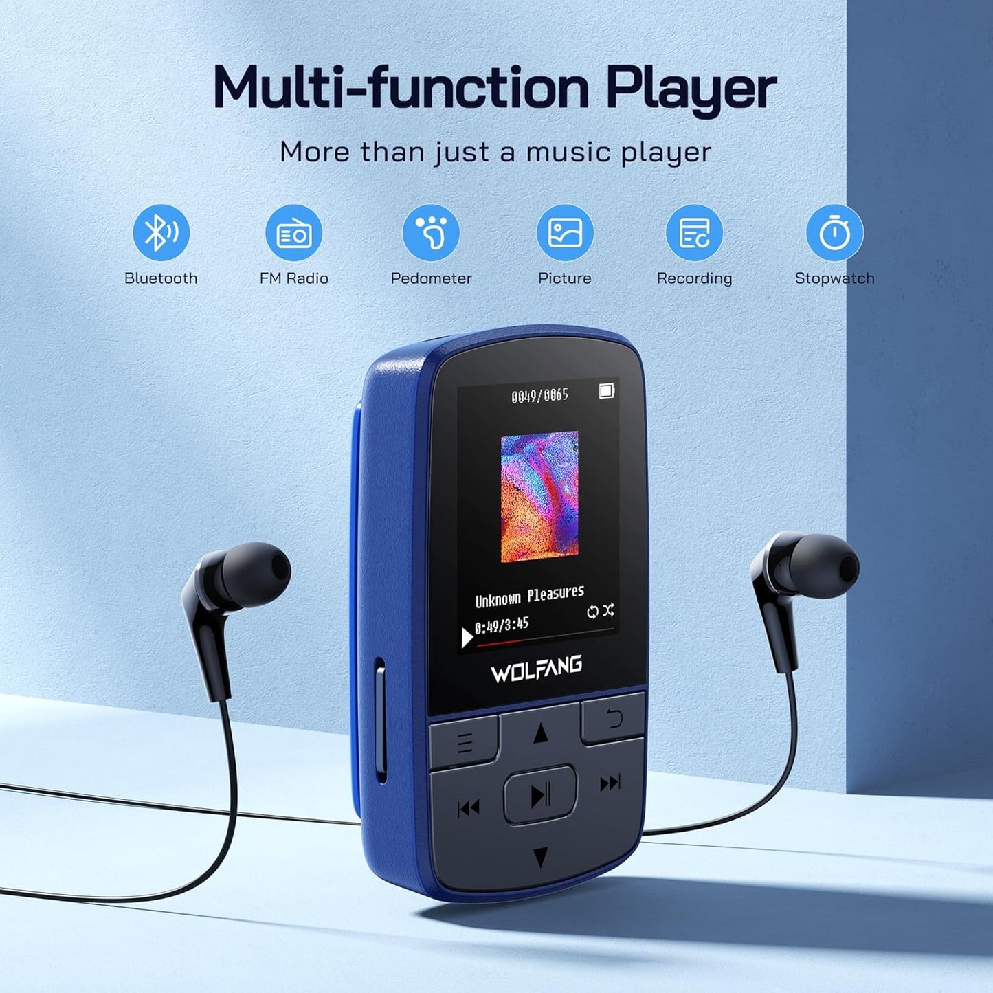 WOLFANG 64GB MP3 Players with Bluetooth 5.3, Sports Clip, Mini Size, Weigh 1 oz, HiFi FM Radio, Voice Recorder, Earphones included