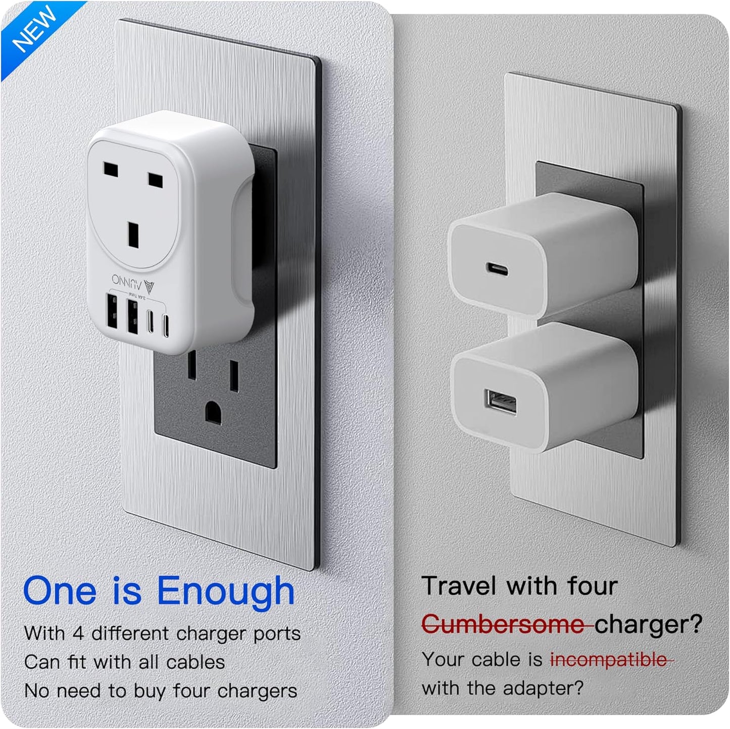 AUNNO UK to US Plug Adaptor, 20W Grounded USA Adapter with 2 USB Ports and 2 USB-C Ports, 5 in 1 Adapter for US Canada Mexico Thailand etc