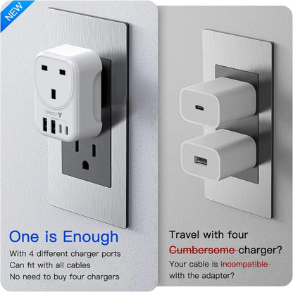 AUNNO UK to US Plug Adaptor, 20W Grounded USA Adapter with 2 USB Ports and 2 USB-C Ports, 5 in 1 Adapter for US Canada Mexico Thailand etc
