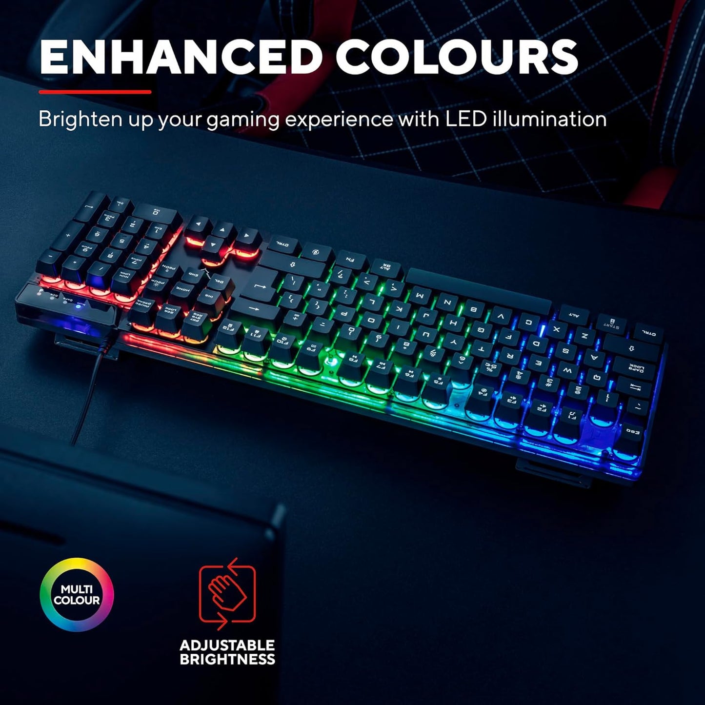 Trust Gaming GXT 835 Azor Gaming Keyboard with QWERTY UK Layout, LED Lighting, Game Mode, 12 Multimedia Keys, Anti-ghosting, Membrane Wired USB Keyboard for PC, Computer, Laptop - Black