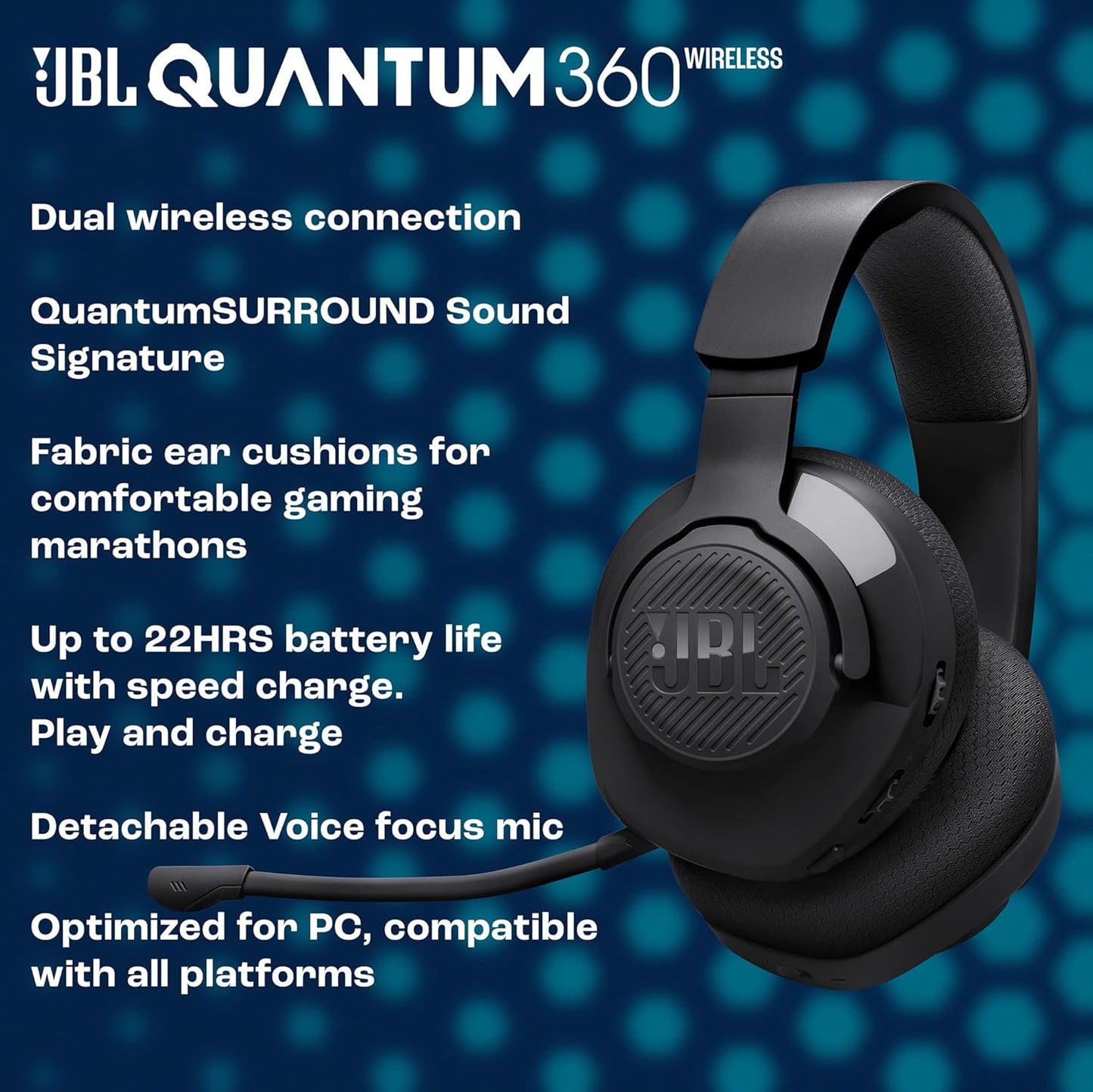 JBL Quantum 360 Wireless Over-Ear Gaming Headphones with 2.4GHz/Bluetooth Dual Wireless Connection, 22H Battery