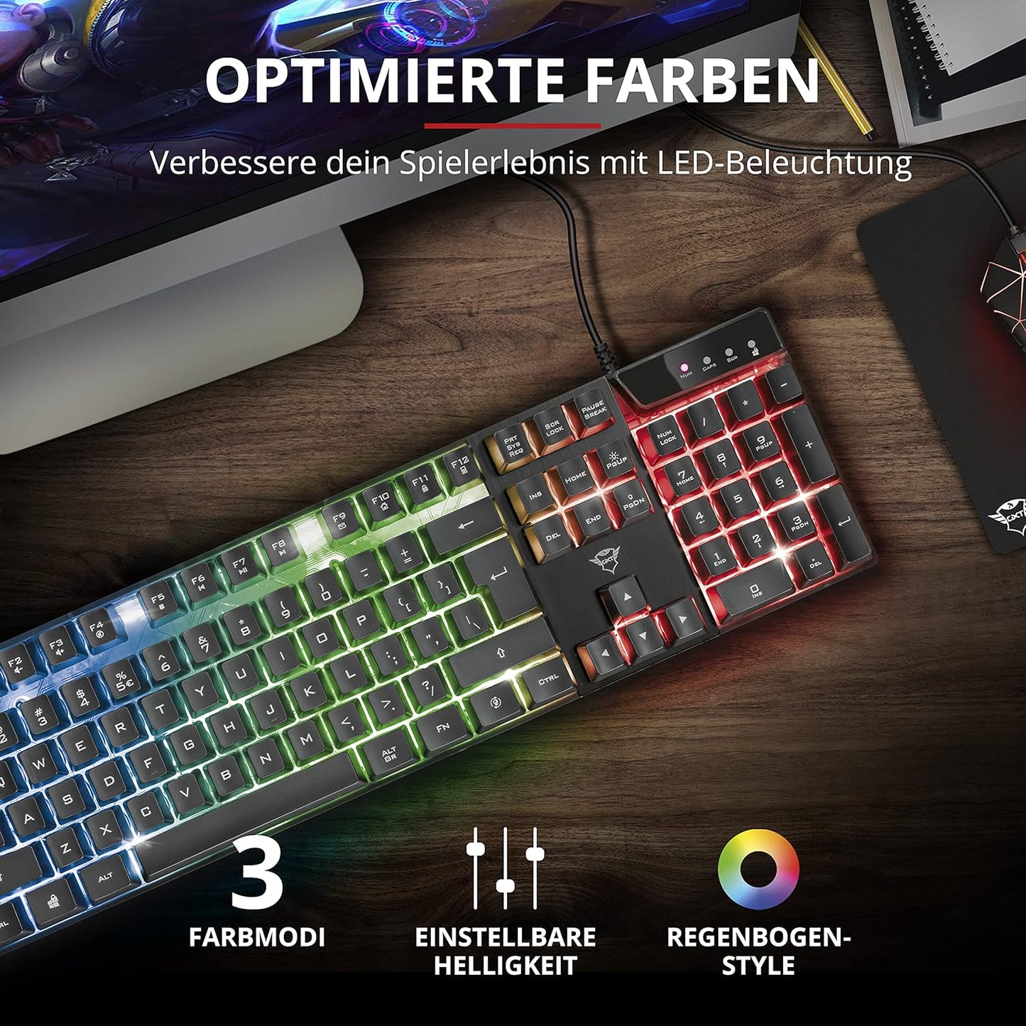 Trust Gaming GXT 835 Azor Gaming Keyboard with Lighting German QWERTZ Layout, Full-Size Keyboard Layout, 3 LED Colour Modes, Anti-Ghosting, 12 Multimedia Function Keys, PC/Laptop