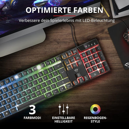 Trust Gaming GXT 835 Azor Gaming Keyboard with Lighting German QWERTZ Layout, Full-Size Keyboard Layout, 3 LED Colour Modes, Anti-Ghosting, 12 Multimedia Function Keys, PC/Laptop