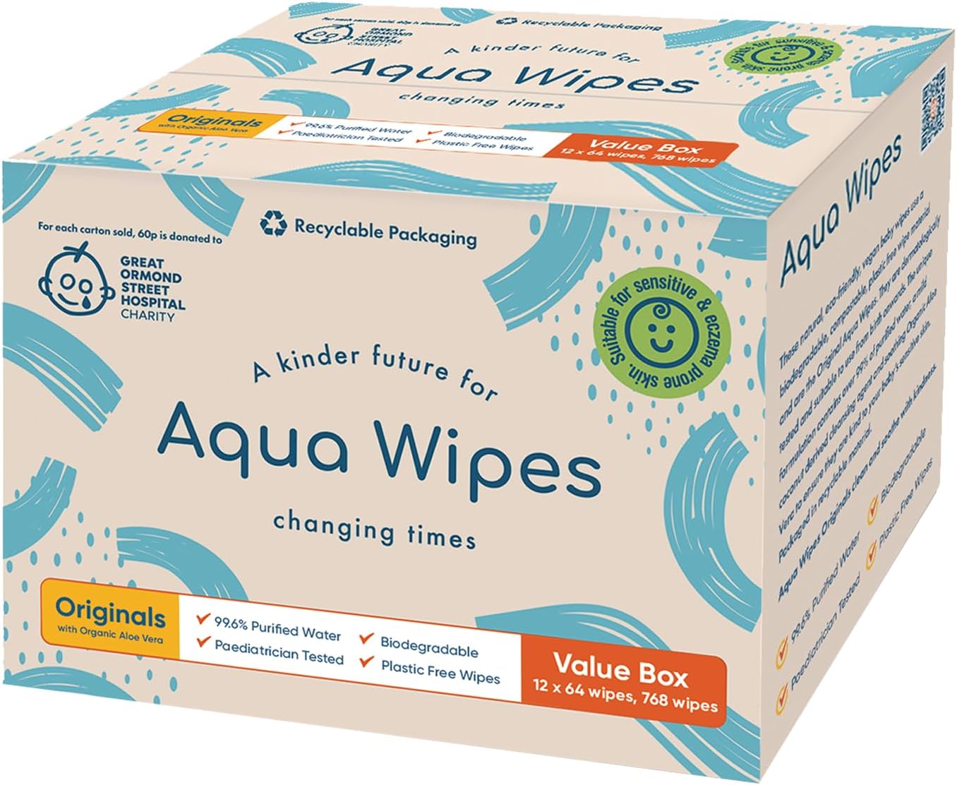 Aqua Wipes Originals Baby Wipes - Vegan, Biodegradable Wipes with 99.3% water (Bundle of 4 Packs of 56 Wipes, 224 Wipes) (Printed Carton - 12 Packs, Originals)