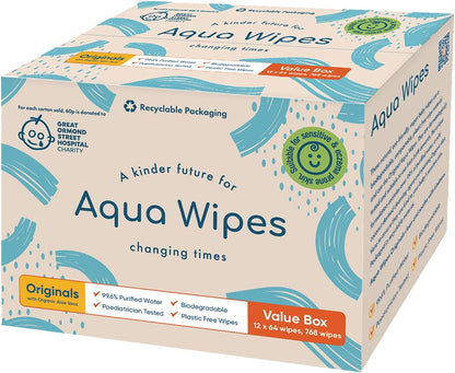 Aqua Wipes Originals Baby Wipes - Vegan, Biodegradable Wipes with 99.3% water (Bundle of 4 Packs of 56 Wipes, 224 Wipes) (Printed Carton - 12 Packs, Originals)