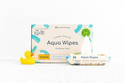 Aqua Wipes Originals Baby Wipes - Vegan, Biodegradable Wipes with 99.3% water (Bundle of 4 Packs of 56 Wipes, 224 Wipes) (Printed Carton - 12 Packs, Originals)