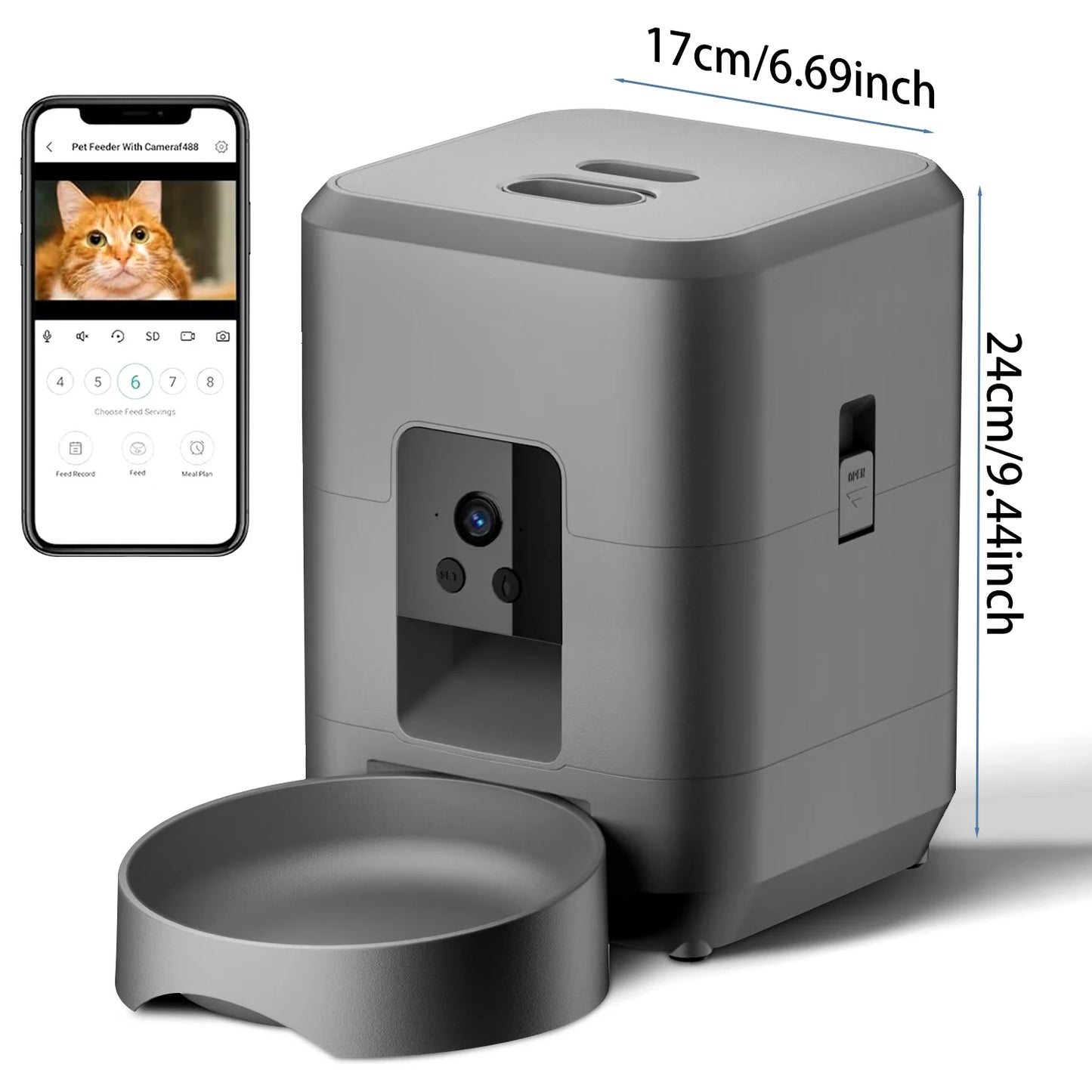 2L Automatic Pet Feeder Cat Smart Pet Feeder Wi-Fi & Camera Controlled feeder Dog & Cat Food Dispenser Remote App (No 5V 2A plug