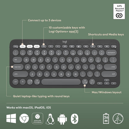 Logitech Pebble Keys 2 K380s, Multi-Device Bluetooth Wireless Keyboard with Customisable Shortcuts,Slim and Portable,Easy-Switch for Windows/macOS/iPadOS/Android/Chrome OS, QWERTY UK Layout, Graphite