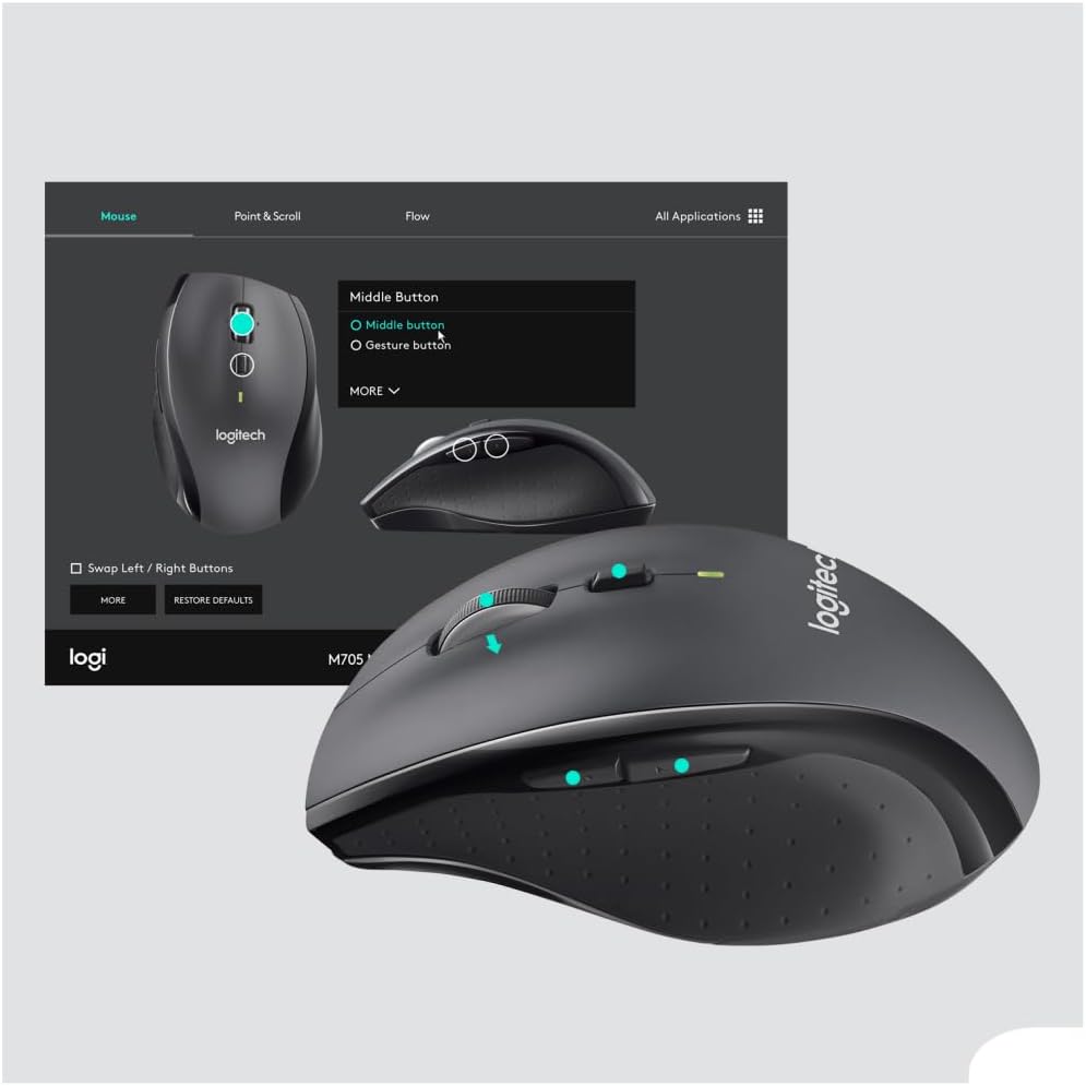 Logitech M705 Marathon Wireless Mouse, 2.4 GHz USB Unifying Receiver, 1000 DPI, 5-Programmable Buttons, 3-Year Battery, Compatible with PC, Mac, Laptop, Chromebook - Grey