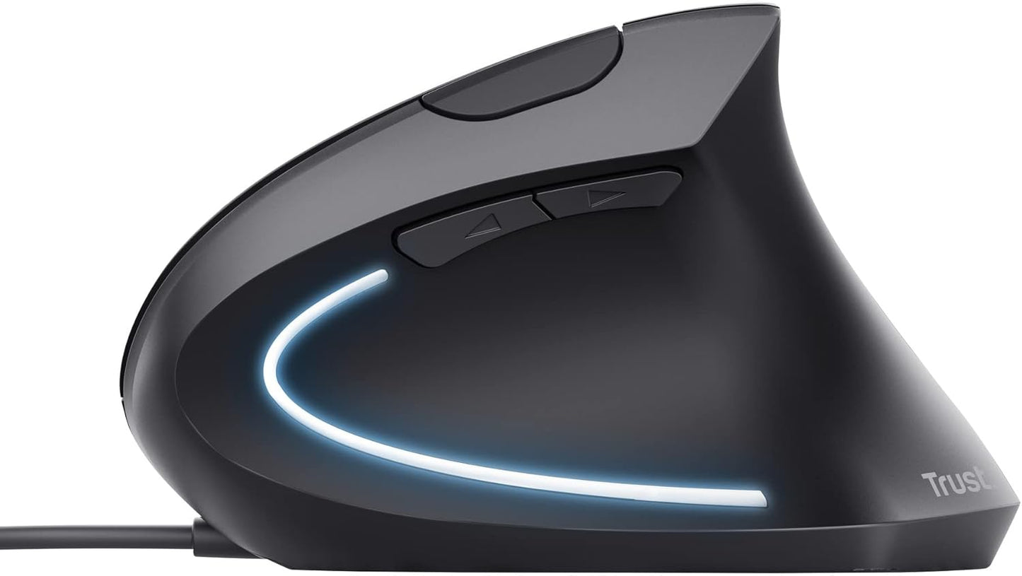 Trust Verto Wired Ergonomic Mouse, Vertical Mouse with LED Illumination, 1000-1600 DPI, 6 Buttons, for Right Hand Users, Computer Mouse for PC and Laptop - Black