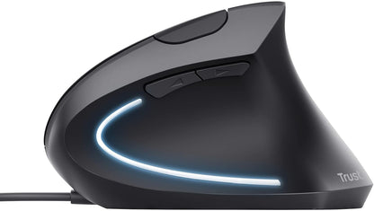 Trust Verto Wired Ergonomic Mouse, Vertical Mouse with LED Illumination, 1000-1600 DPI, 6 Buttons, for Right Hand Users, Computer Mouse for PC and Laptop - Black