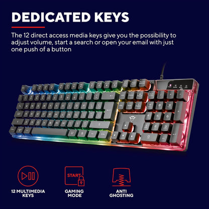 Trust Gaming GXT 835 Azor Gaming Keyboard with QWERTY UK Layout, LED Lighting, Game Mode, 12 Multimedia Keys, Anti-ghosting, Membrane Wired USB Keyboard for PC, Computer, Laptop - Black