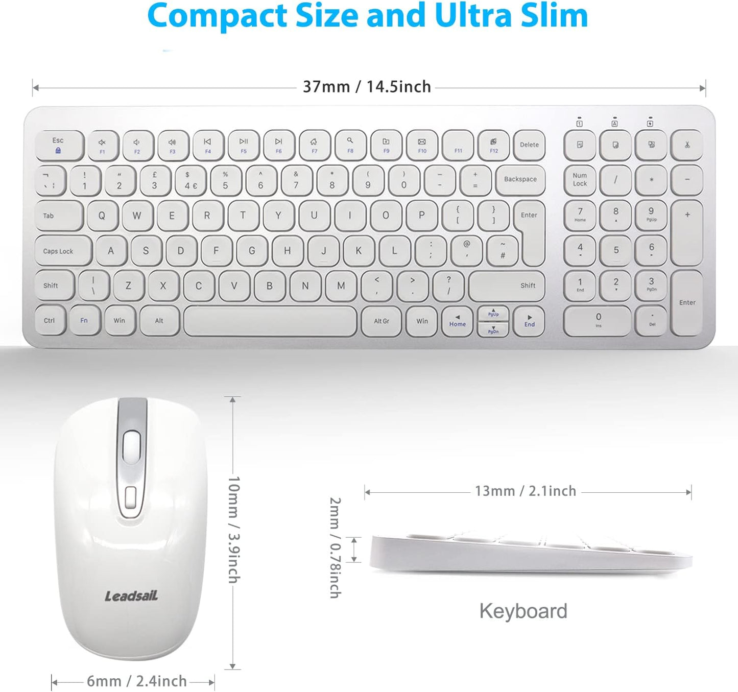 LeadsaiL Wireless Keyboard and Mouse Set, Wireless USB Mouse and Compact Computer Keyboards Combo, QWERTY UK Layout for HP/Lenovo Laptop and Mac-Silver